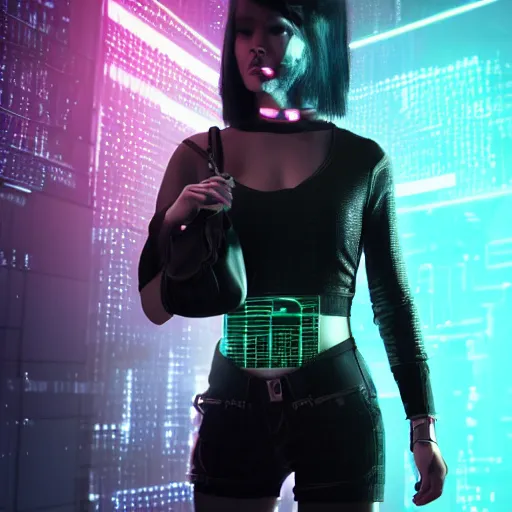 Image similar to a girl wearing a handbag from the future, cyberpunk background, highly detailed, epic lighting, 8 k