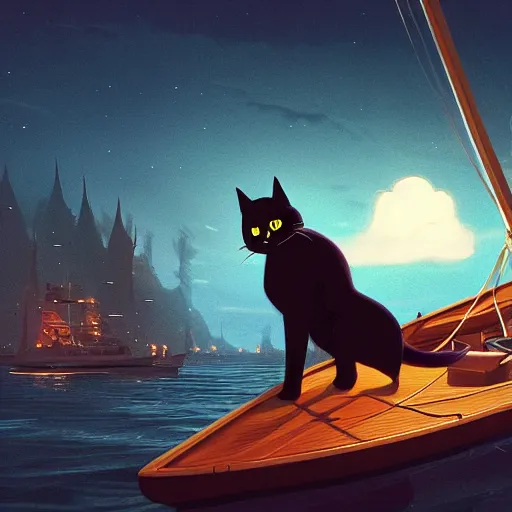 Image similar to a wholesome animation key shot of a black cat sailing a boat in the night, medium shot, studio ghibli, pixar and disney animation, sharp, rendered in unreal engine 5, anime key art by greg rutkowski, bloom, dramatic lighting