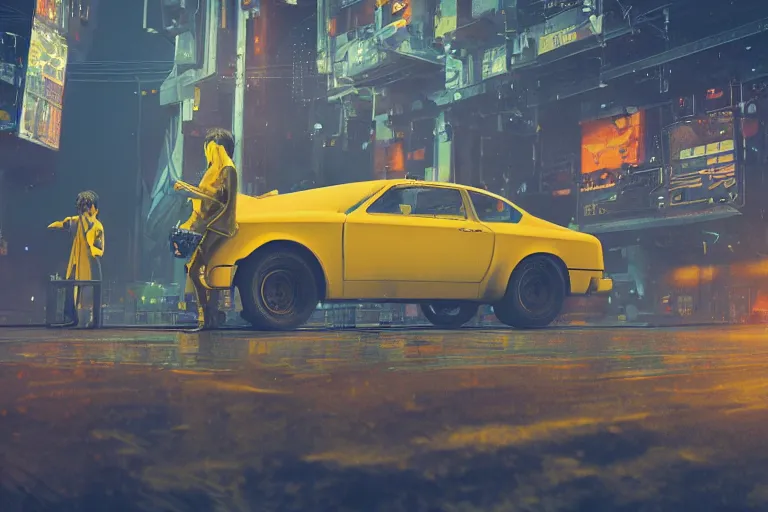 Image similar to the beatles performing on a yellow spaceship, cyberpunk art by mike winkelmann, trending on cgsociety, retrofuturism, reimagined by industrial light and magic, darksynth, sci - fi