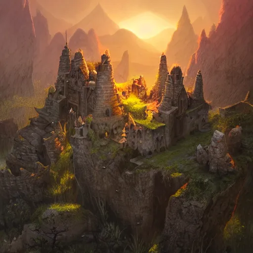 Prompt: overhead RPG battlemap of a stone fort sitting above a swamp in the sunset, dramatic lighting by alan lee by peter mohrbacher, trending on artstation sharp focus vfx key shot