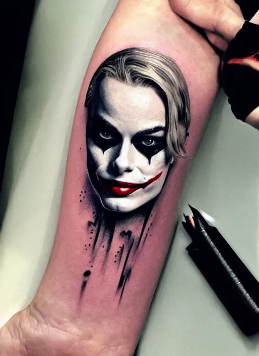 Prompt: beautiful margot robbie with joker makeup tattoo design, holding an ace card, black and white, realism tattoo, hyper realistic, highly detailed