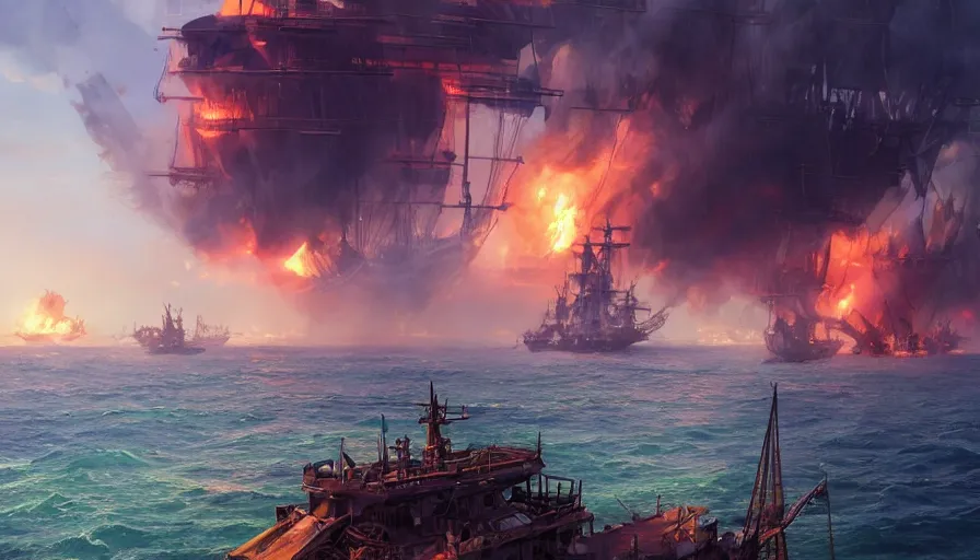 Prompt: A highly detailed matte painting of huge pirate ship battle on the ocean, big fire smokes and big explosions by Studio Ghibli, Makoto Shinkai, by Artgerm, by beeple, by Greg Rutkowski, volumetric lighting, octane render, 4K resolution, trending on artstation, masterpiece