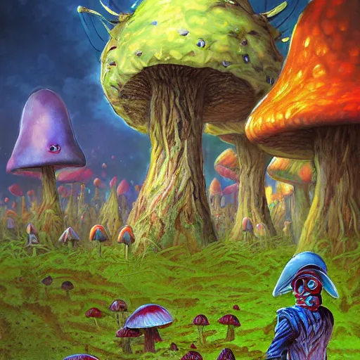 Image similar to 4 k headshot portrait of a psychedelic demonic anthropomorphic insect knight with mushroom themed clothes, magic mushroom village in background by jeff easley, award winning, stylized neon, post - processing, masterpiece, superb resolution. in the art style of junji ito and greg rutkowski. detailed mushroom city in background. hyper realistic anime. perfect art. dalle 2