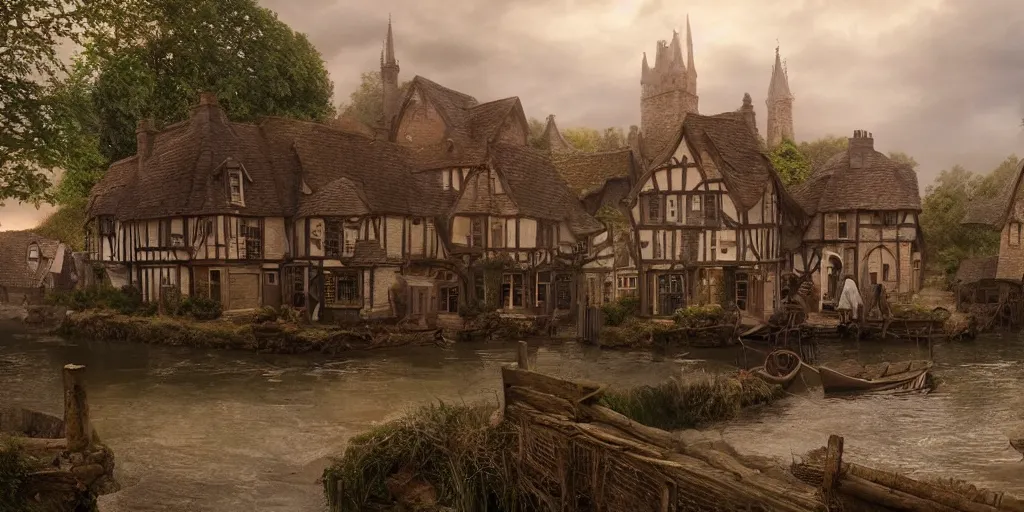 Prompt: beautiful matte painting of old england village by weta workshop 8 k, cinematic dramatic atmosphere, dramatic lighting