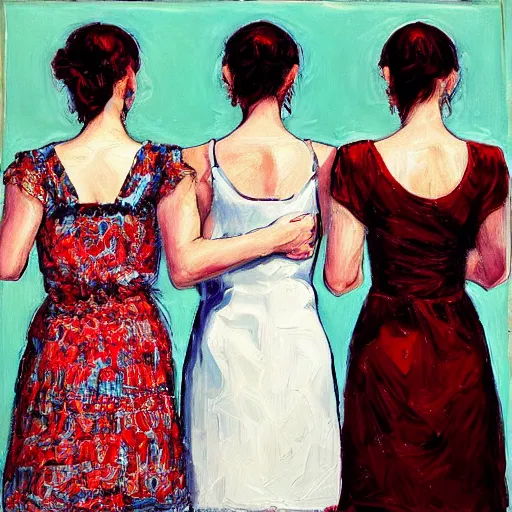 Prompt: three sisters look into the mirror, beautiful, white and red dresses, one woman is regretful, wealthy women, Chuck close