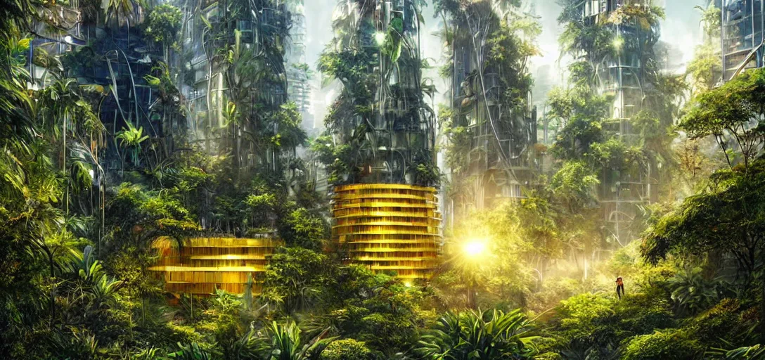 Image similar to futuristic shinny golden building in an jungle landscape of a biopunk city by artgerm, movie poster, film still