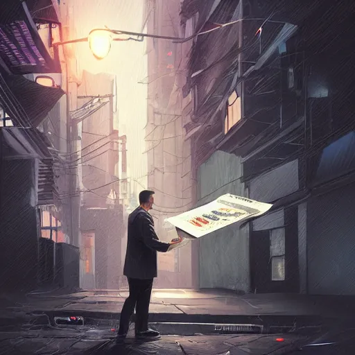 Prompt: businessman handing the viewer an envelope, detailed digital illustration by greg rutkowski, cyberpunk back alley, nighttime