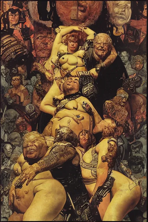 Image similar to baron harkonnen, plain background, painted by jack kirby, lawrence alma tadema, norman rockwell, greg staples, wayne barlow, neville page