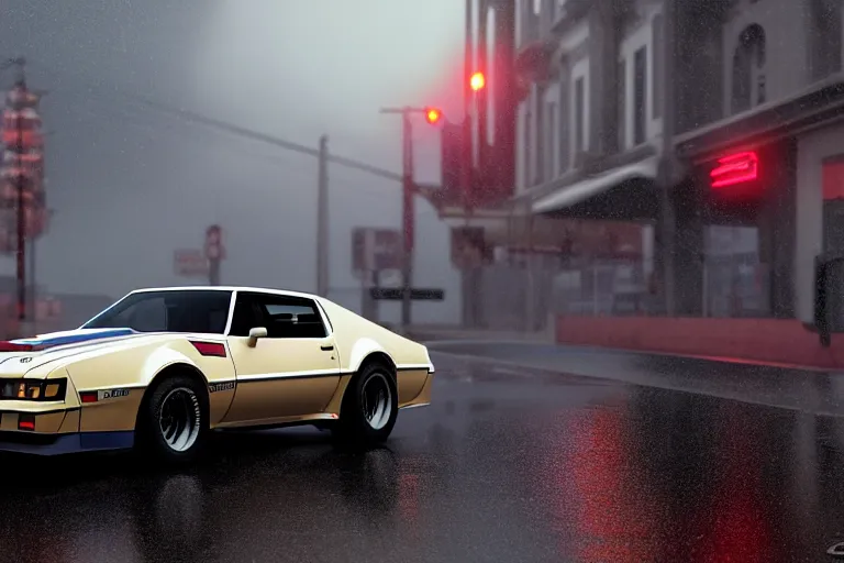 Image similar to hyperdetailed, photorealistic photograph of a 1 9 8 2 pontiac firebird trans - am drifting in the streets, rain, night, dense fog, hd, unreal engine 5 by greg rutowski, by stanley artgerm, by alphonse mucha