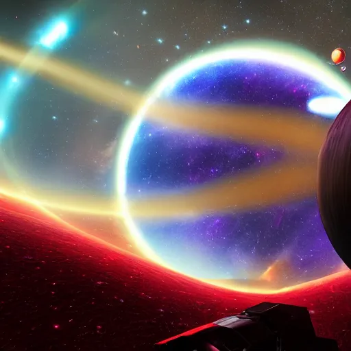 Image similar to The grand ending of an ominous era outside an exoplanet in space with a clear view of a spiral galaxy in splashes of red, purple and dark blue in unreal engine S- 69