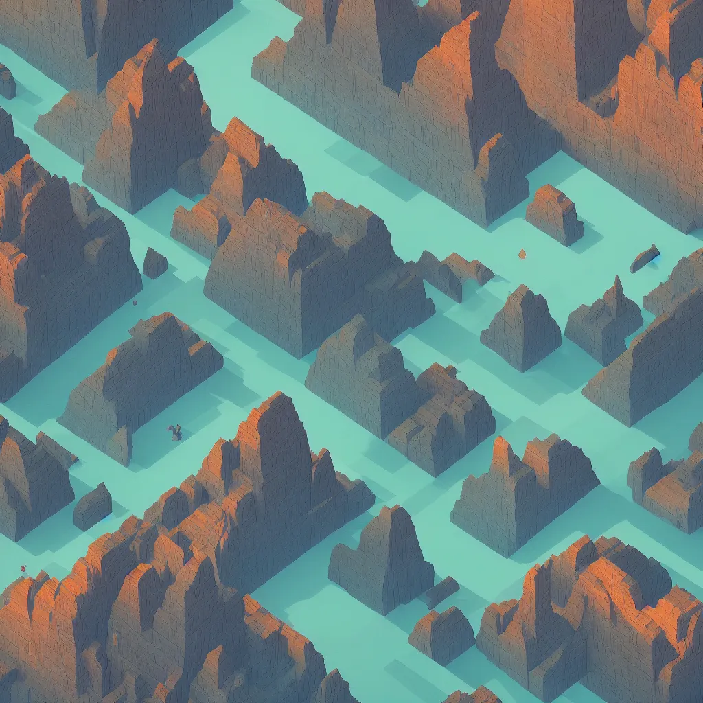 Prompt: isometric view of a giant floating triangular monolith in a valley by james gilleard, textured, detailed, beautiful, 8 k wallpaper