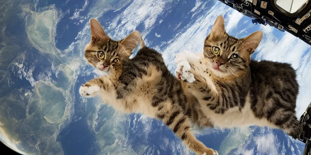 Image similar to an amazing award winning photo of a cat floating in the ISS, hyperdetailed