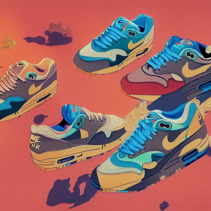 Image similar to excellent painted isometric view of 'nike air max 1', high quality masterpiece painted, patterned background, 4k, trending on artstation, octane render, art by James Jean and artgerm and greg rutkowski and alphonse mucha and craig mullins and James Jean and Andrei Riabovitchev and Marc Simonetti and peter mohrbacher