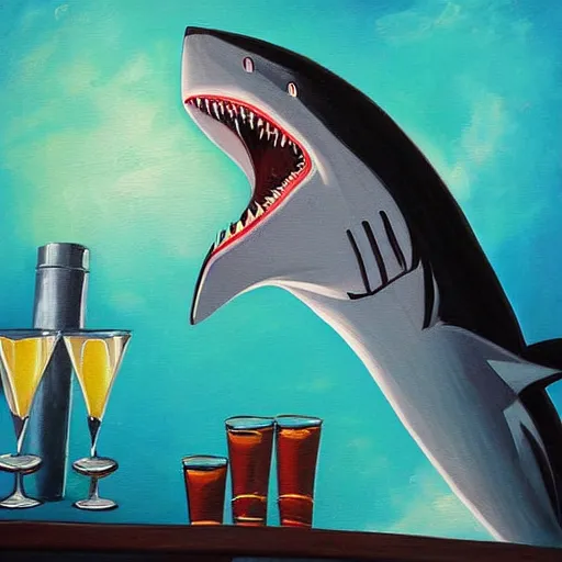 Image similar to Shark bartender, high quality painting