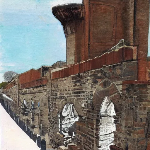 Image similar to flat primitive drawing, front view, full face, aqueduct with 4 arches