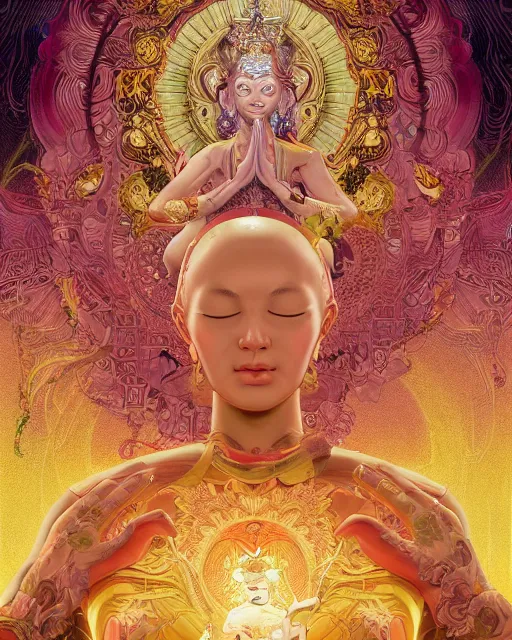Prompt: contented female bodhisattva, praying meditating, highly detailed vfx portrait, intricate detailed environment, global illumination, by james jean and moebius and artgerm and liam brazier and victo ngai and tristan eaton, digital illustration, concept art, 8 k, hdr