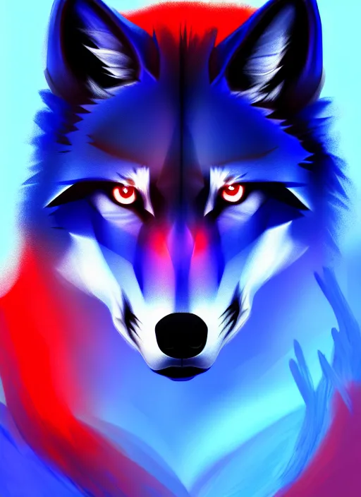 Image similar to blue wolf, red eyes highly detailed, deep focus, digital painting, smooth, sharp focus, illustration, trending on artstation, 4 k