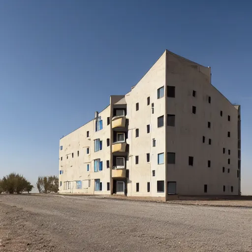 Image similar to A post-soviet average Polish residential block standing alone in the middle of an empty desert, sunny weather