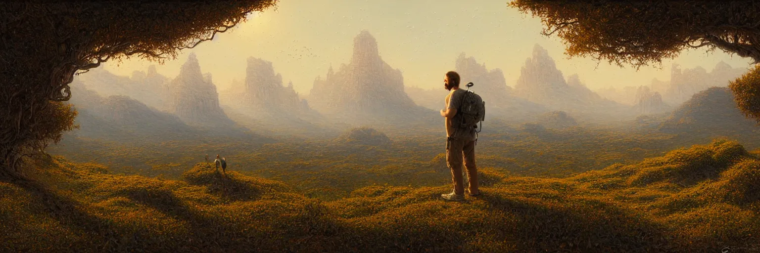 Prompt: ultra realist intricate detailed landscape painting of last man on earth, very intricate details, bokeh focus, 8 k render, by les edwards, award winning