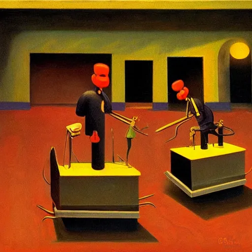 Image similar to infinite whack - a - mole with robots, grant wood, pj crook, edward hopper, oil on canvas