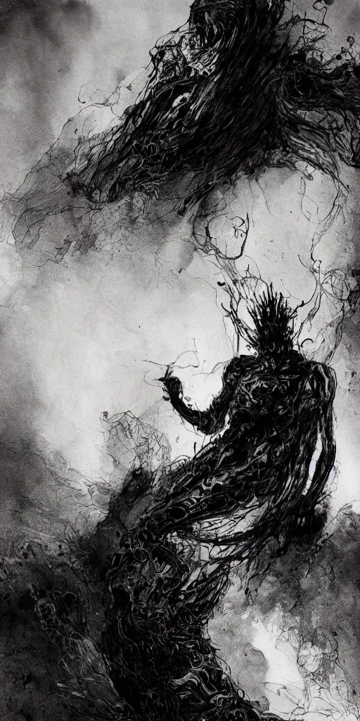 Image similar to concept art of a man with his body covered in burns, with evil black smoke coming out of his hands, full body, dark colors, sinister atmosphere, dramatic lighting, cinematic, establishing shot, extremely high detail, photo realistic, cinematic lighting, pen and ink, intricate line drawings, by Yoshitaka Amano, Ruan Jia, Kentaro Miura, Artgerm, post processed, concept art, artstation, matte painting, style by eddie mendoza, raphael lacoste, alex ross,