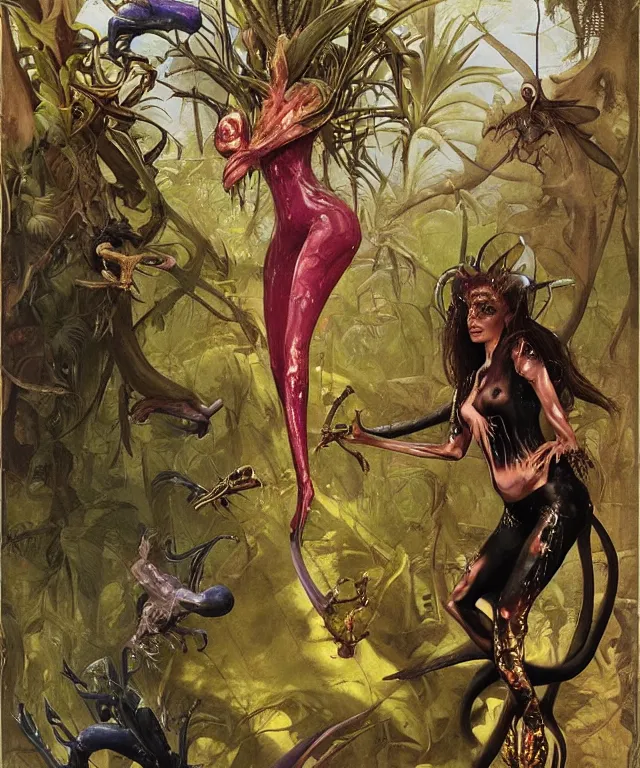 Prompt: a portrait photograph of a tropical alien succubus with slimy amphibian skin being painted like a bird. she looks like sadie sink and is wearing a colorful infected sleek organic catsuit. by donato giancola, hans holbein, walton ford, gaston bussiere, peter mohrbacher and brian froud. 8 k, cgsociety, fashion editorial