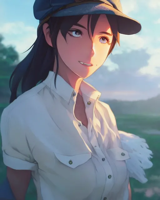 Image similar to a farmer girl making a kissy face, full shot, atmospheric lighting, detailed face, by makoto shinkai, stanley artgerm lau, wlop, rossdraws