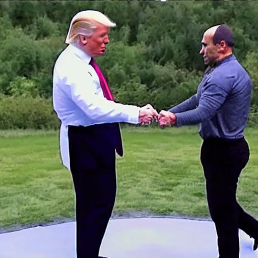 Image similar to joe rogan and donald trump fist bumping, high quality