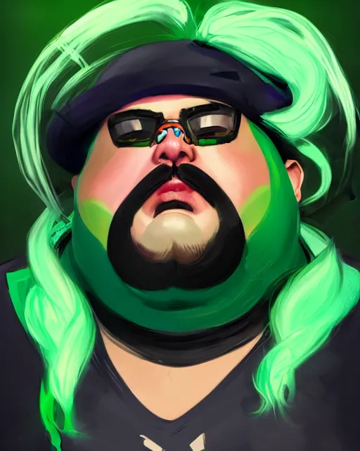 Prompt: overwatch concept art character portrait of a new character who is a obese chubby man with a punk mohawk neon green hair with clean shaven and long crooked nose and round cheeks, trending on artstation, cgsociety,