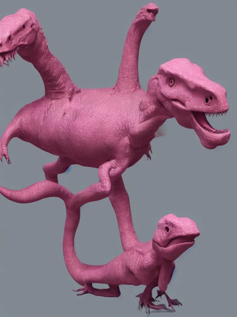 Prompt: a pink dinosaur with a human head with photorealistic level of detail