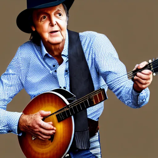 Prompt: Paul McCartney wearing a cowboy hat and playing the banjo! 8k, high definition, highly detailed, photo-realistic