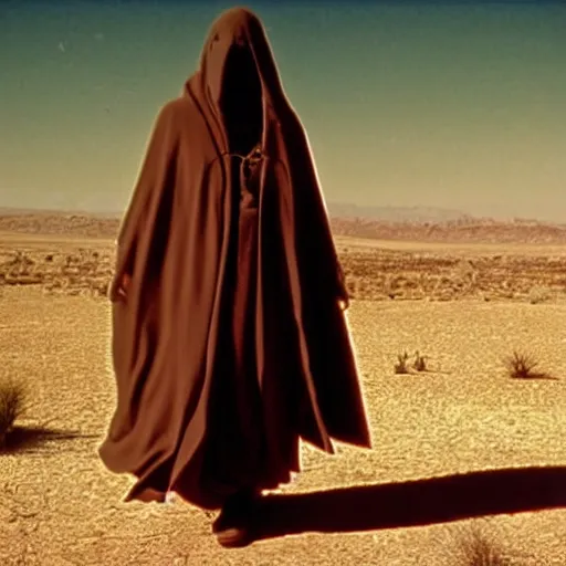 Prompt: a man wearing a long cloak and hood, in the desert, film still, arriflex 3 5