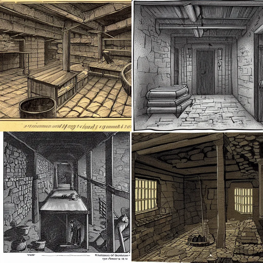 Prompt: a Illustration of a dark gloomy basement in the Midden Ages, highly detailed