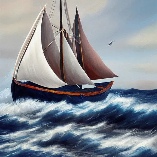 Image similar to wooden boat with sails in stormy sea with dart weider, oil painting, 4 k