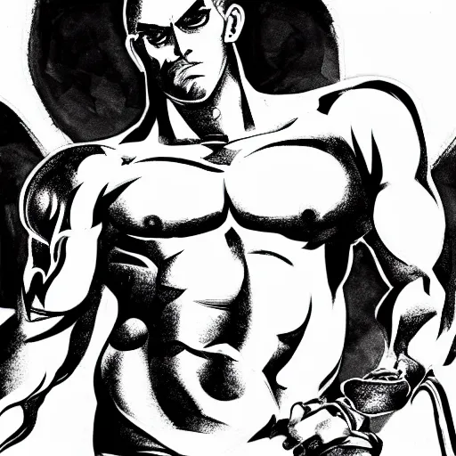 Image similar to muscular bald man, tattooed body, sword in hands, HD, anime style,