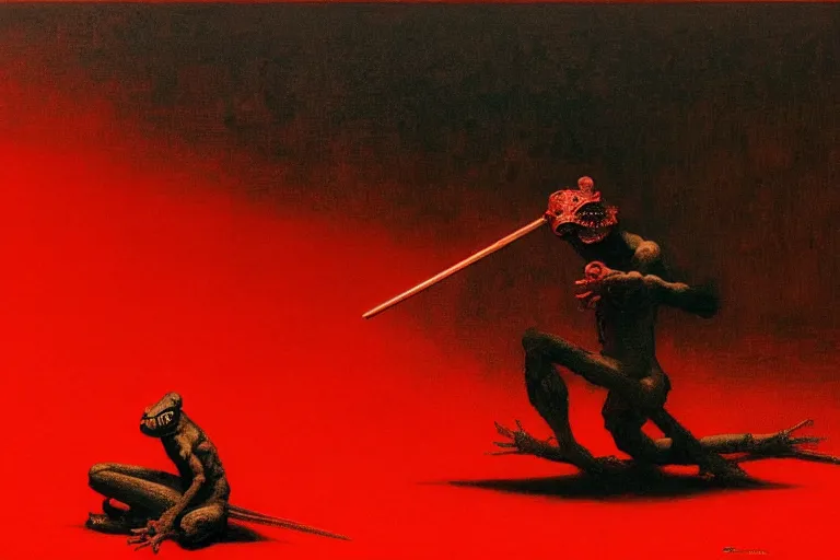 Image similar to only with red, a red samurai do seppuku, tokio, a lot of frogs watch, in the style of beksinski, parts by edward hopper, parts by rodcenko, parts by yue minjun, intricate and epic composition, red by caravaggio, insanely quality, highly detailed, masterpiece, red light, artstation, 4 k