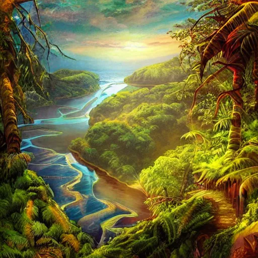 Image similar to amazon river winding through the rainforest, concept art, illustrated, highly detailed, high quality, bright colors, optimistic,