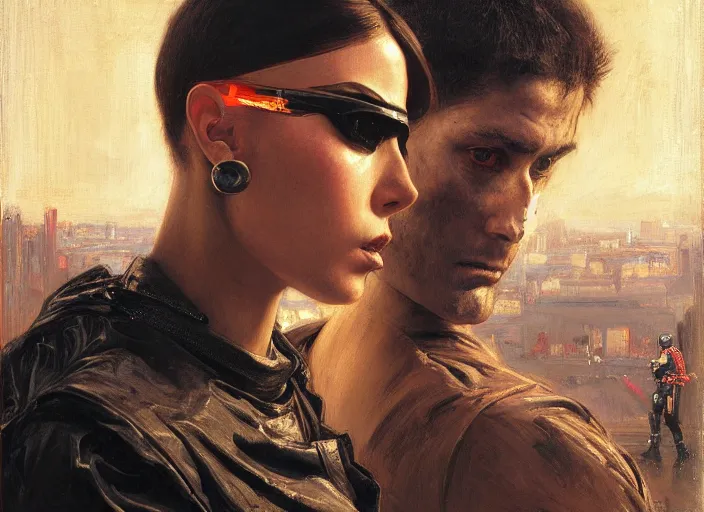 Image similar to Maria evades sgt Nash. Cyberpunk hacker in jumpsuit escaping menacing police troopers (blade runner 2049). beautiful face. flip. Iranian orientalist portrait by john william waterhouse and Edwin Longsden Long and Theodore Ralli and Nasreddine Dinet, oil on canvas. Cinematic, hyper realism, realistic proportions, dramatic lighting, high detail 4k