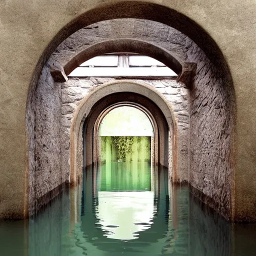 Image similar to flooded tunnel with arched ceilings and doorways, natural light,