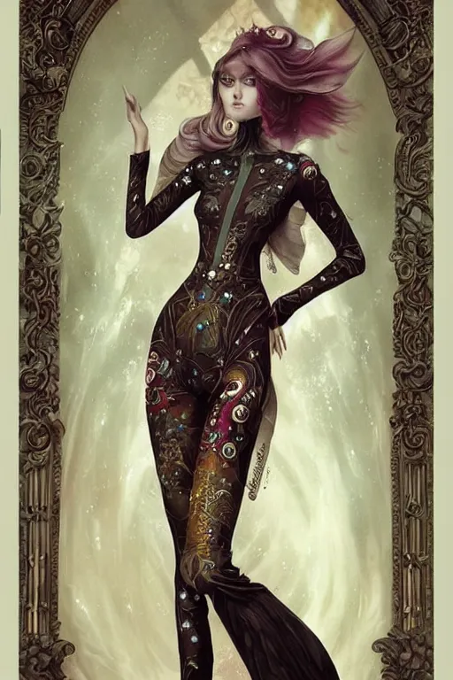 Prompt: beautigful girl, ghibli tom bagshaw, curiosities carnival, anime soft paint of a single beautiful female full very tight long metallic suit ornate, accurate features, focus, very intricate ultra fine details