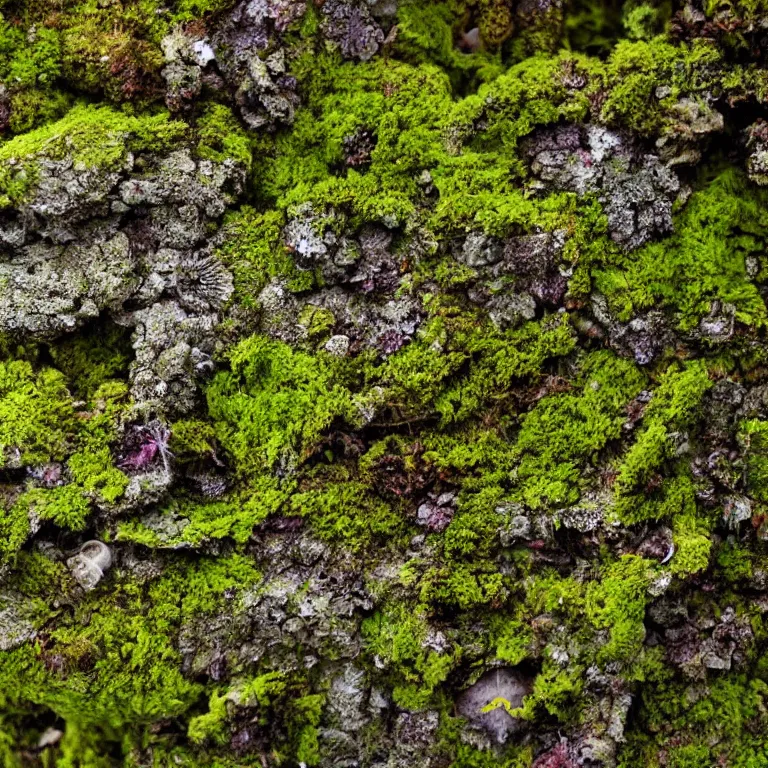 Image similar to a lichens and moss close-up various fungus, mushrooms and plants, inside the picture is infinity, Atmospheric phenomenon, artistic photography, muted colors, conceptual, long exposure outside the city, volumetric light