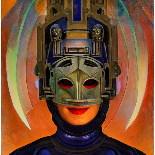 Image similar to the last guest in her robot castle mask, by Annie Swynnerton and Diego Rivera, symbolist, dramatic lighting, elaborate geometric ornament, god rays, soft cool colors,smooth, sharp focus, extremely detailed