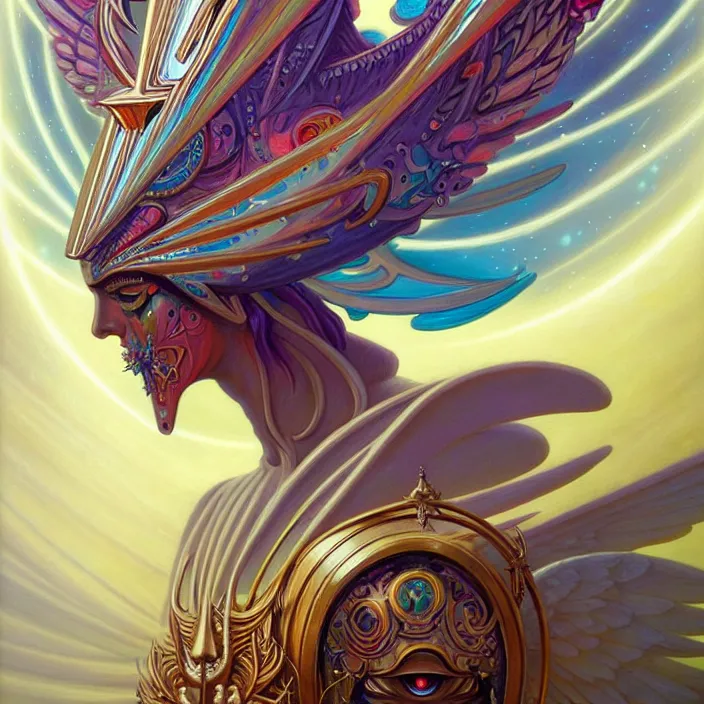 Prompt: stylized painting of an psychedelic angelic celestial being mythical creature by peter mohrbacher, by philippe druillet trending on artstation, winged head, white gold skin, sacred geometry, esoteric art