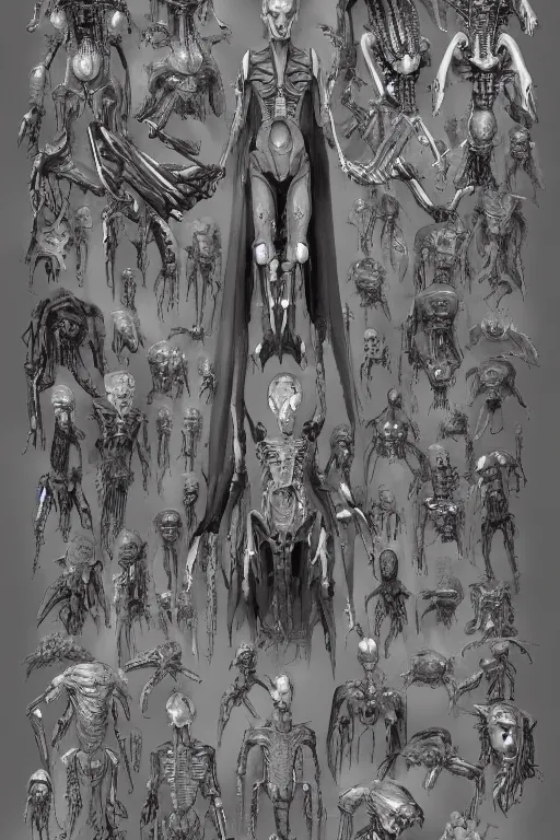 Prompt: vampire with gunmetal grey skin, medical anatomy, very symmetrical face, highly detailed, mecha, three - perspective / three - view reference sheet ( front / back / side ), in the style of dan ouellette, hr giger, sil from species, dren from splice, biomechanical, artstation, unreal engine