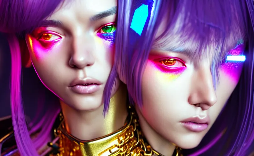 Image similar to hyperdetailed portrait of a stunningly beautiful cyberpunk cutie european girl with short dark hair guard made of iridescent metals and shiny pink gems, bright rainbow nimbus, gold necklace, gold background inspired by ross tran and masamune shirow and kuvshinov, intricate, photorealistic, octane render, rtx, hdr, unreal engine, dnd digital art by artgerm