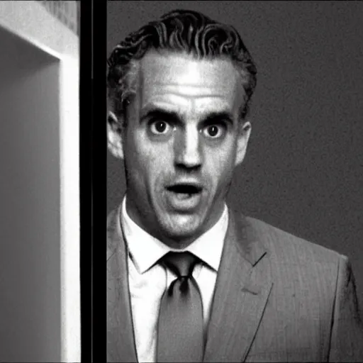Prompt: black and white CCTV footage of jordan peterson at the end of a hallway, backrooms