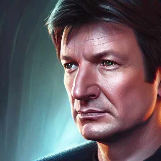 Image similar to A portrait of Nathan Fillion in a starfleet uniform, highly detailed photorealistic, unreal 5, hugh definition, 8k, deviantart, donato giancola, oil painting