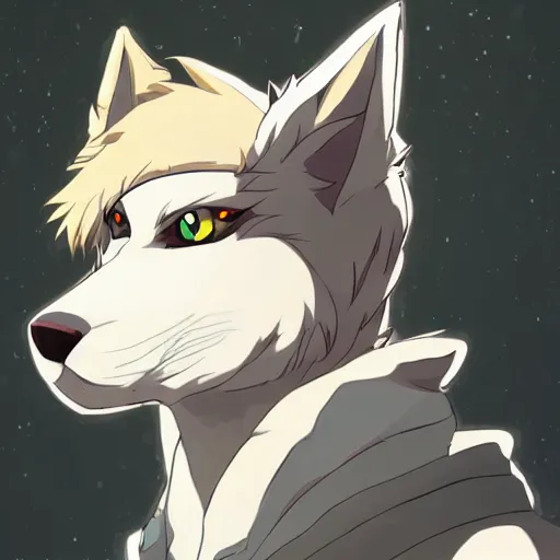 Image similar to key anime visual portrait of a handsome male anthro wolf furry fursona with beautiful eyes, wearing a hoodie, official modern animation