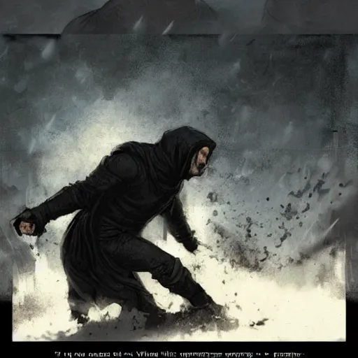Image similar to a man in a black hoodie fighting a white god, vintage comic, greg rutkowski