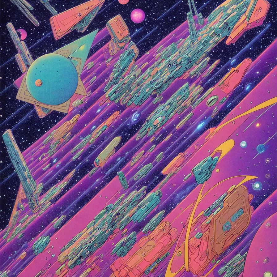 Image similar to ( ( ( ( the dimensional gap at the end of the galaxy and space ship ) ) ) ) by mœbius!!!!!!!!!!!!!!!!!!!!!!!!!!!, overdetailed art, colorful, artistic record jacket design